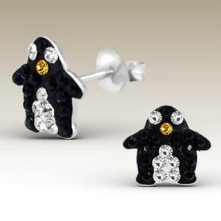 Penguin Earrings, Silver Ear Studs with Crystal Stones, Children Earrings, Sterling Silver 925, (E2286) Jewelry