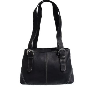 Piel Leather Medium Buckle Handbag   Black   Handbags