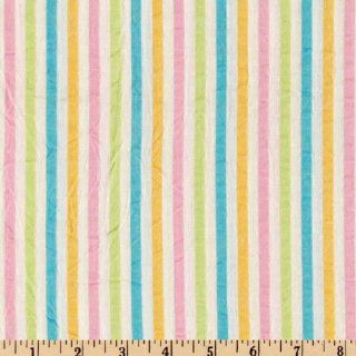 45'' Wide Seersucker Stripes White/Turquoise/Yellow Fabric By The Yard