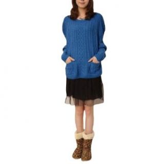 Ladies Crew Neck Raglan Sleeve Pullover Autumn Textured Sweater Blue S