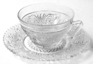 Duncan & Miller Sandwich Clear (#41) Cup and Saucer Set   Stem #41, Clear, Scrol