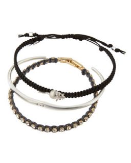 Set of Three Crystal Studded & Mouse Charm Bracelets, Black/Gray