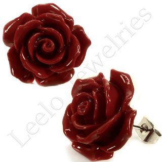 Coral Deep Red Rose Stud Earrings Jewelry