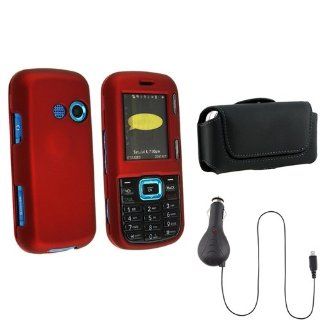 eForCity Red Snap on Rubber Coated Case + Retractable Car Charger + Leather Case Compatible with LG Cosmos VN250 Cell Phones & Accessories