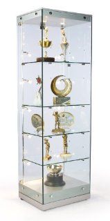 76"h Glass Curio Cabinet with 5 Height Adjustable Glass Shelves, Side and Top Lighting, Hinged Door with Security Lock   Silver MDF Canopy and Base  