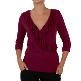 A. Byer Juniors Ruffle Me Up Shawl Collar Soft Sweater In Rich Colors, Berry, Small Pullover Sweaters