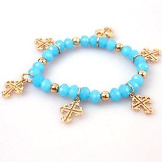 Accessory Accomplice Designer Inspired Goldtone Cross Pattern Turquoise Bead Stretch Bracelet Jewelry