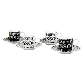 Konitz Assorted Writing on Black and White Espresso Cup and Saucer   Set of 4   Coffee Mugs