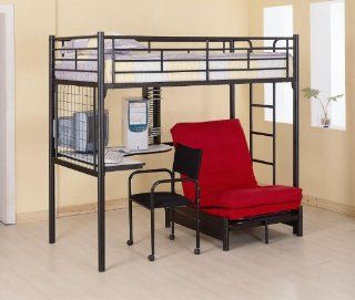 Black Bunkbed Workstation with Desk, Chair, CD Rack and Futon Chair   Childrens Furniture