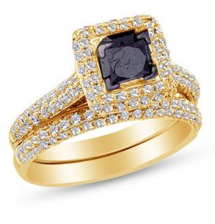 14K Yellow Gold Halo Prong Set Princess and Round Cut Black and White Diamond Bridal Engagement Ring and Matching Wedding Band Two 2 Ring Set   Classic Traditional Solitaire Shape Center Setting   (1.25 cttw.   .40 CT. Center Stone) Jewelry