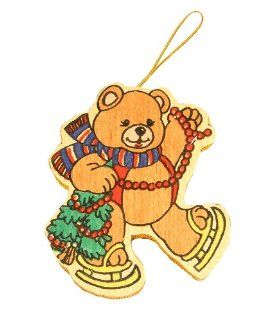 4" Multi Color Ice Skating Bear with Tree Wooden Christmas Ornament   Decorative Hanging Ornaments