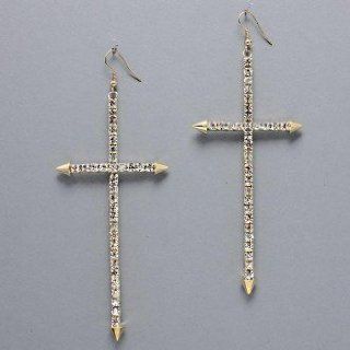 Designer Inspired Large Cross with Spikes Dangling Gold Rhinestone Earrings. Size  1 7/8" W, 4 3/4" L Jewelry