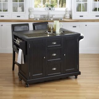 Home Styles Nantucket Distressed Black 3 Piece Kitchen Cart and Two Stools Set   Kitchen Islands and Carts
