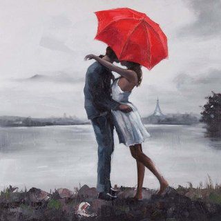 Ren Wil OL808 Kissing in The Rain Hand Painted Oil Painting by Giovanni Russo   Wall Art Umbrella