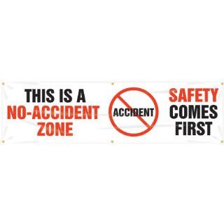 Accuform Signs MBR809 Reinforced Vinyl Motivational Safety Banner "THIS IS A NO ACCIDENT ZONE SAFETY COMES FIRST" with Metal Grommets, 28" Width x 8' Length, Black/Red on White Industrial Warning Signs