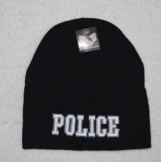 Police Black Skull Cap   Law Military Cuffless Beanie Knit Hat 