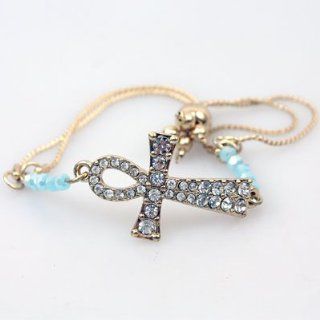 Accessory Accomplice Goldtone Crystal Sideways Curved Ankh Cross Petite Turquoise Bead Bracelet Jewelry