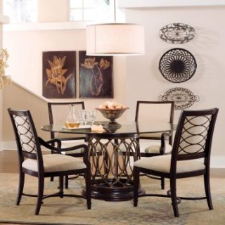 A.R.T. Furniture Intrigue 5 piece Glass Top Round Dining Set with Upholstered Back Chairs   Dark Wood with Maple Stringer Inlay   Dining Table Sets