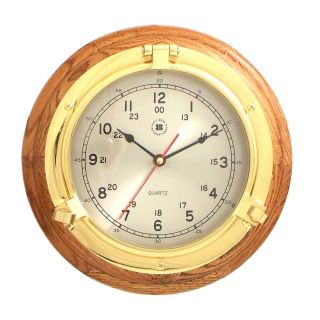 Bey Berk International Brass Porthole Clock on Oak   Tarnish Proof   Wall Clocks