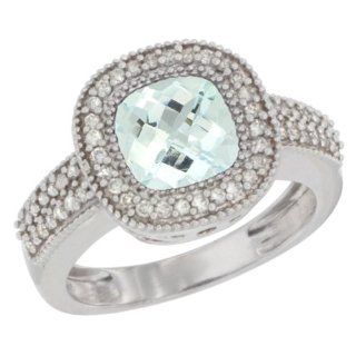 14K White Gold Natural Aquamarine Ring Cushion cut 7x7 Stone Diamond Accent, sizes 5 10 Jewelry