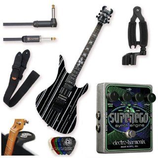Schecter Synyster Gates Custom Electric Guitar   Black/Silver Stripes with Electro Harmonix Superego, Protec Guitar Strap, D'Addario 20ft Instrumental Cable Right Angel, Guitar Rest, Guitar Pro Winder and 5 Guitar Picks Musical Instruments