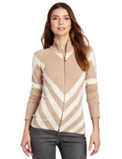 Minnie Rose Women's 100% Cashmere Chevron Striped Zip Sweater, Buckskin/Ivory, Medium