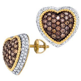 Brown Diamond Heart Shaped Stud Earrings 10K Yellow Gold (1.20 ct.tw.) Jewelry