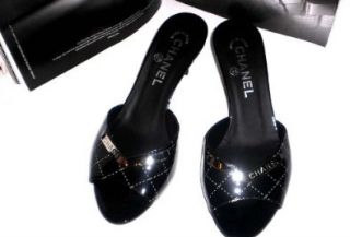 Authentic Chanel Classic Black Patent Leather Dress Shoes Open Toe Sandals Made in Italy  Size 36.5 Shoes
