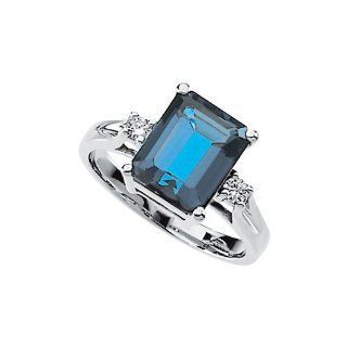 14K White Gold 0.09 ct. Diamond and 10 x 8 MM Emerald Shaped London Blue Topaz Ring Katarina Jewelry
