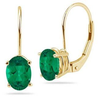 1.90 2.56 Cts of 8x6 mm AAA Oval Russian Lab Created Emerald Stud Earrings in 14K Yellow Gold Jewelry