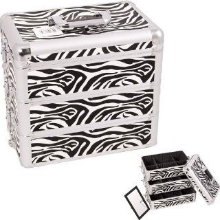 WHITE INTERCHANGEABLE STACKABLE TRAY ZEBRA TEXTURED PRINTING PROFESSIONAL ALUMINUM COSMETIC MAKEUP CASE WITH DIVIDERS   E3303  Makeup Train Cases  Beauty