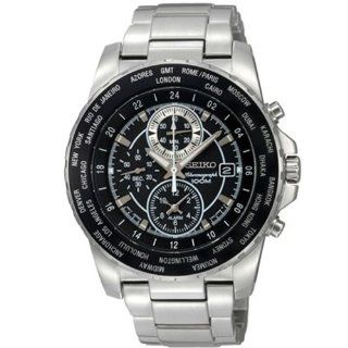 Seiko Mens Chronograph Alarm Stainless Steel Black Dial Watch SNAC61P3 Watches