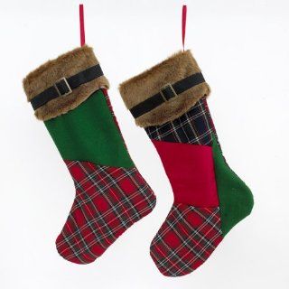 Pack of 6 Plaid Christmas Stockings with Brown Fur Cuffs and Buckles 20"  
