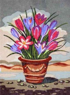 PINK & PURPLE FLOWERS IN A CLAY POT NEEDLEPOINT CANVAS