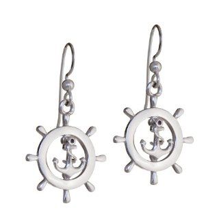 0.925 Sterling Silver. SHIPS WHEEL AND ANCHOR Dangle Earrings Jewelry