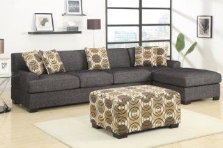 3 pieces Faux Linen Sectional Sofa with Ottoman (Ash Black)  