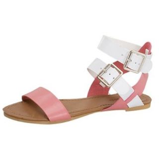 Supper 6 Strappy Gladiator Flat Sandals Coral/White 6 Shoes