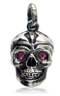 Large Blackened Skull Pendant with Garnet Eyes, 1 inch in Sterling Silver Skull Necklace Jewelry