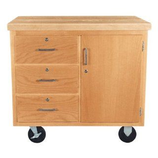 Mobile Storage Cabinet w/ Butcher Block Top, Three Drawers and One Door   Workbenches  