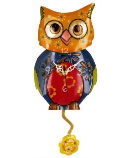 River City Clocks Metal Multicolor Owl with Flower Pendulum Wall Clock   6 in. Wide   Wall Clocks
