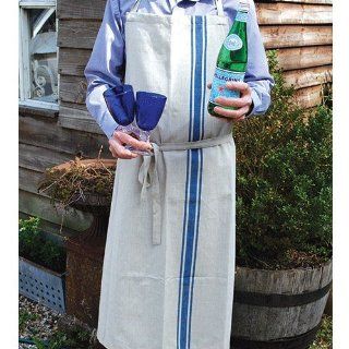 Lindsay Interiors Long Dutch Apron, 100% Cotton, French Linen Look with Blue Stripe, Stylish   Kitchen Aprons