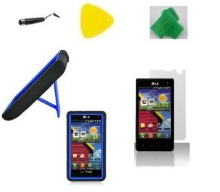 Black / Blue hybrid Armor w Kickstand Phone Case Cover Cell Phone Accessory + Yellow Pry Tool + Screen Protector + Stylus Pen + EXTREME Band for Lg Optimus Exceed Lg VS840pp VS840PP Cell Phones & Accessories