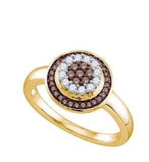 0.30 Carat (ctw) 10k Yellow Gold Round White & Cognac Diamond Ladies Cluster Flower Right Hand Ring Jewelry