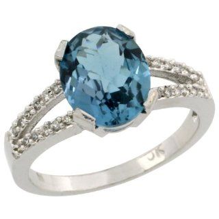 10k White Gold and Diamond Halo London Blue Topaz Ring 2.4 carat Oval shape 10X8 mm, 3/8 inch (10mm) wide, sizes 5 10 Jewelry