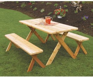 A & L Furniture Western Red Cedar Crossleg Picnic Table with 2 Benches   Picnic Tables