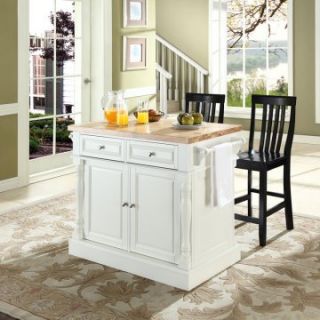 Crosley Butcher Block Top Kitchen Island with 24 in. School House Stools   Kitchen Islands and Carts