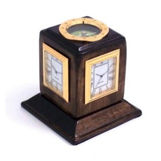 Bey Berk International Three Time Zone Revolving Desk Clock, Walnut Wood   Tarnish Proof   Desktop Clocks
