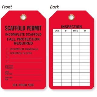Scaffold Permit   Incomplete Scaffold Fall Protection Required (Front Side) / Inspection Date and Inspected By (Back Side), Eco Tag 10 mil Plastic, Eyelet, 25 Tags / Pack, 5.875" x 3.375"  Blank Labeling Tags 