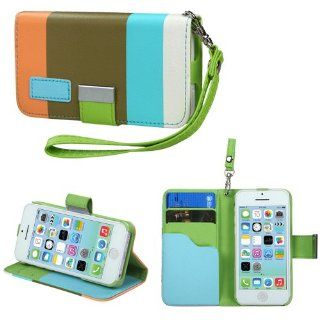 MYBAT Premium Book Style MyJacket Wallet 855 with Package for iPhone 5C   Retail Packaging   Sky Blue/Olive Green/Light Orange Cell Phones & Accessories