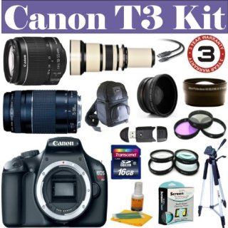 Canon EOS Rebel T3 12.2 MP CMOS Digital SLR Camera with EF S 18 55mm f/3.5 5.6 IS II Zoom Lens & EF 75 300mm f/4 5.6 III Zoom Lens + 650mm 1300mm f/8 Telephoto Lens + Super Wide Angle Lens + 2x Telephoto Lens + Macro Lens Set + UV Filter, CPL Filter, F